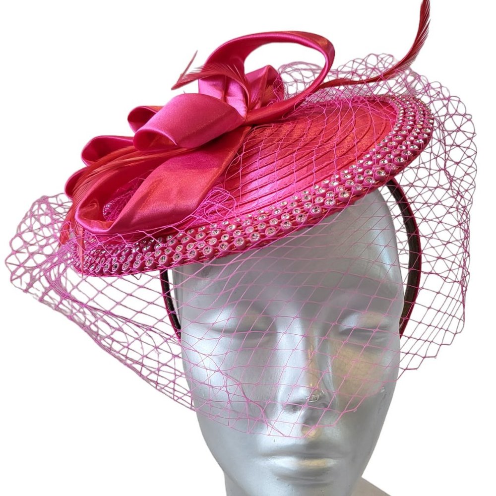 Women Designer satin ribbon church wedding Derby fascinator Hat headband Fuschia